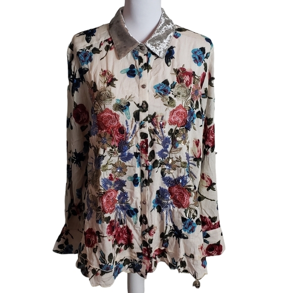 Aratta Silent Journey Floral Print Shirt Sz L Velvet Collar Boho Whimsy Fairy - Picture 3 of 16